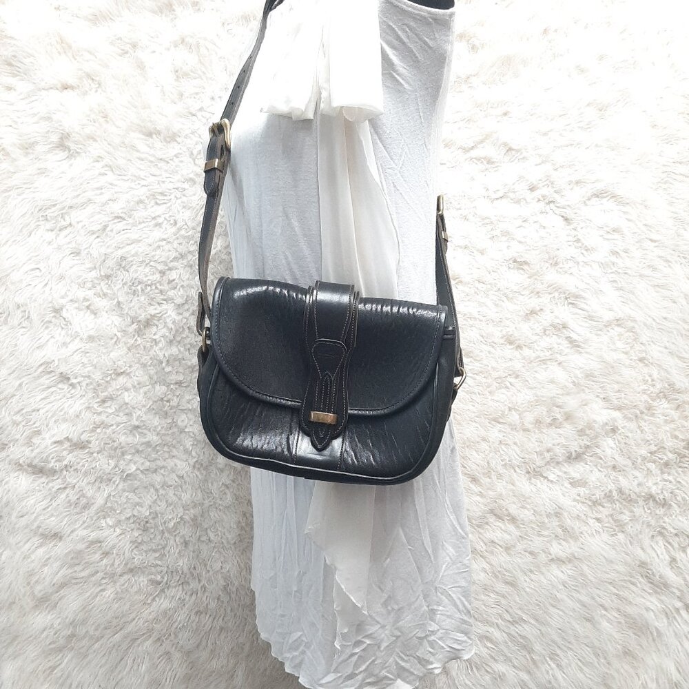 Vintage Bag by Calder of Canada Black Pebbled Leather Shoulder Bag w/ Solid Bras - Picture 1 of 11